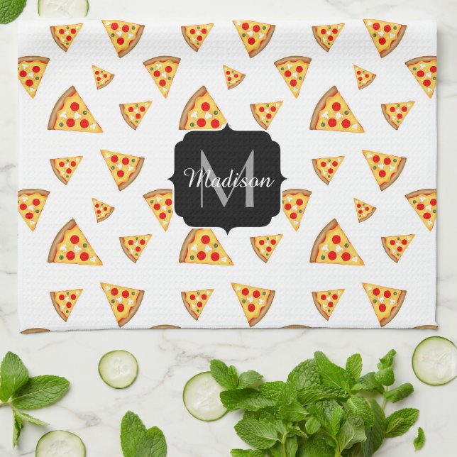 Pizzabinor av coola och roligt, vita mönster Monog Kökshandduk (Vikta)