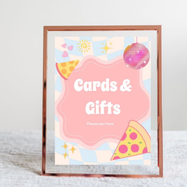 Pizzafestpresentkort och presenter skylt (pizza party cards and gifts sign, pizza birthday sign, cards and gifts table sign, pizza party decor)