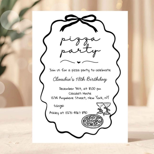 Pizzaparty med fantasifulla handritade minimaliste inbjudningar (pizza party invitation, minimalist birthday invite, black and white invitation, adult birthday invit)