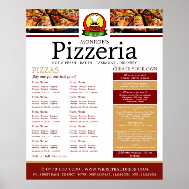 Pizzeria, meny för pizzeria poster (Framsidan)