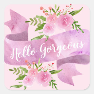 Pizzfig Snygg Chic Blommig Rosabränd Hello Gorgeou Fyrkantigt Klistermärke