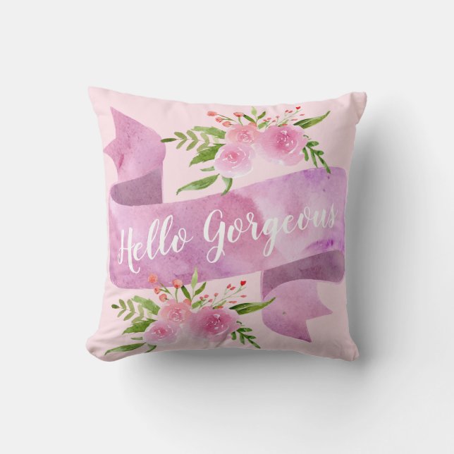 Pizzfig Snygg Chic Blommig Rosabränd Hello Gorgeou Kudde (Framsida)