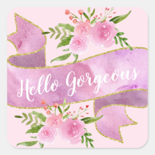 Pizzfint vackert blommigt rosa Hello Gorgeous Guld Fyrkantigt Klistermärke