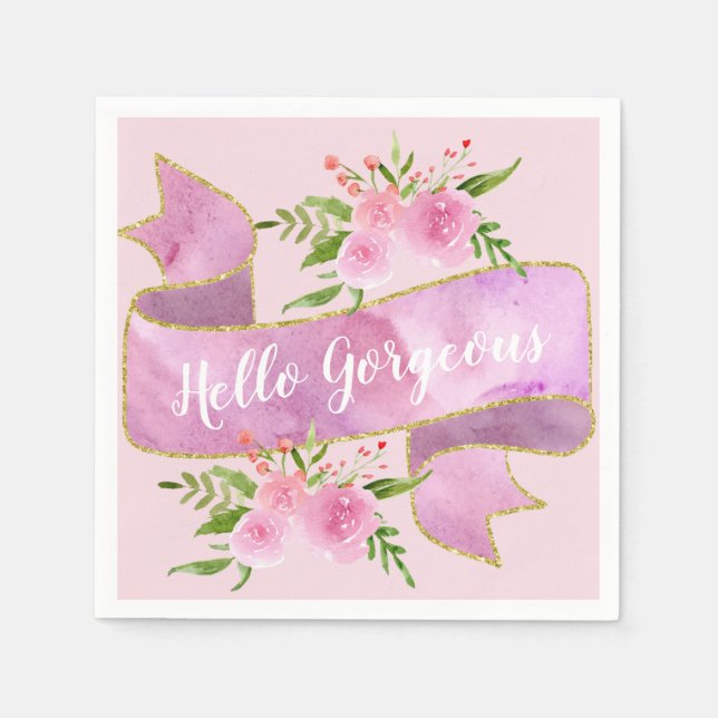 Pizzfint vackert blommigt rosa Hello Gorgeous Guld Pappersservett (Framsidan)
