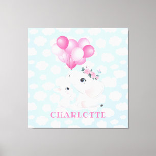 Pizzig elefant och kanin med blommor och ballong canvastryck