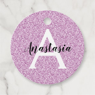 Pizzig flickaktig lila glitter gnistrande monogram gåvor etiketter