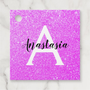 Pizzig flickaktig lila glitter gnistrar monogramna gåvor etiketter