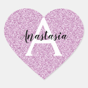 Pizzig flickaktig lila glitter gnistrar monogramna hjärtformat klistermärke