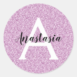 Pizzig flickaktig lila glitter gnistrar monogramna runt klistermärke