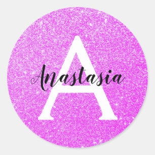 Pizzig flickaktig lila glitter gnistrar monogramna runt klistermärke