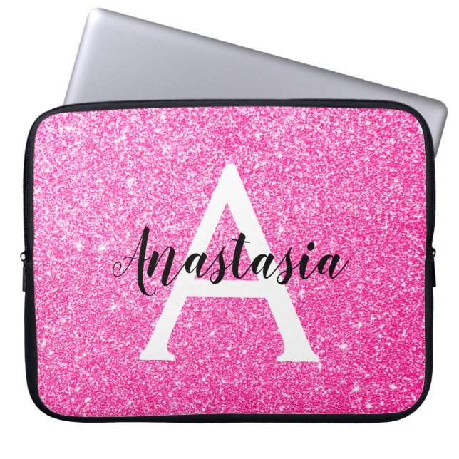 Pizzig flickaktig varmr rosa glitter gnistrar mono laptop fodral (Framsidan)