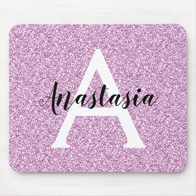 Pizzig flickig lila glitter gnistrande monogramnam musmatta (Framsidan)