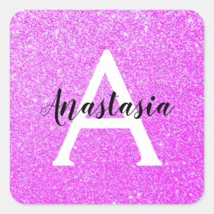 Pizzig flickigt lila glitter gnistrande monogramna fyrkantigt klistermärke