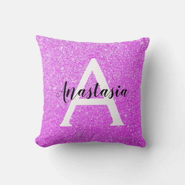 Pizzig flickigt lila glitter gnistrande monogramna kudde (Framsida)