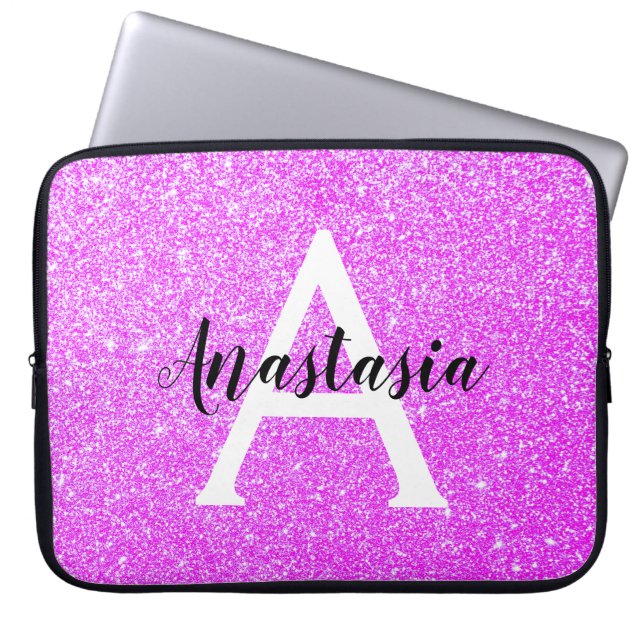 Pizzig flickigt lila glitter gnistrande monogramna laptop fodral (Framsidan)