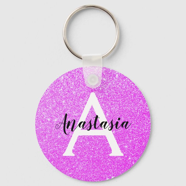 Pizzig flickigt lila glitter gnistrande monogramna nyckelring (Framsida)