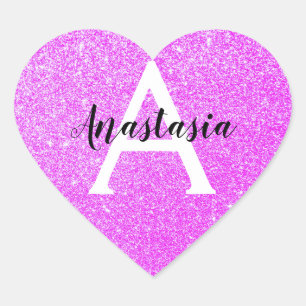 Pizzig flickigt lila glitter gnistrar monogramnamn hjärtformat klistermärke