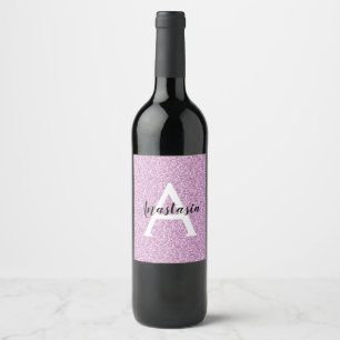 Pizzig flickigt lila glitter gnistrar monogramnamn vinflaska etikett
