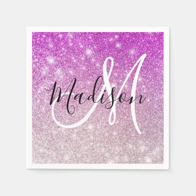 Pizzig & Glam Lila Glitter Gnistrar Monogram Namn Pappersservett (Framsidan)