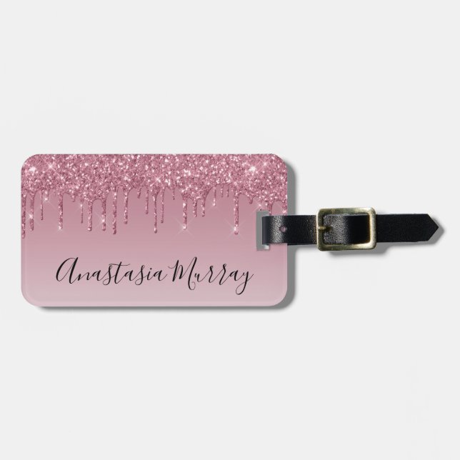 Pizzig & Glam Lila Rosa Guld Glitterdroppar Namn Bagagebricka (Horisontell Framsida)