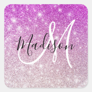Pizzig och glamourös lila glitter Monogramnamn Fyrkantigt Klistermärke