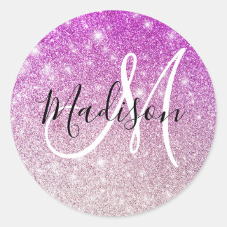 Pizzig och glamourös lila glitter Monogramnamn Runt Klistermärke