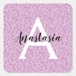 Pizzig Tjejglamour Lila Glitter Gnistrar Monogram Fyrkantigt Klistermärke