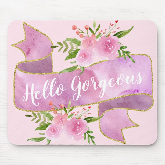 Pizzik fin blommig rosa Hello Gorgeous Guld Musmatta (Framsidan)