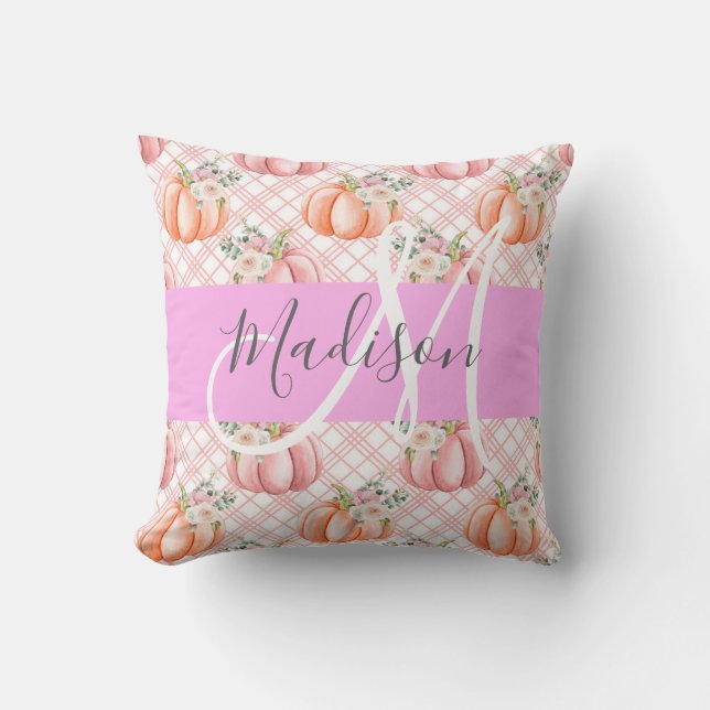 Pizzikigt Chic Blommig Rosa Persika Pumpa Monogram Kudde (Framsida)