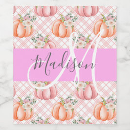 Pizzikigt Chic Blommig Rosa Persika Pumpa Monogram Vinflaska Etikett