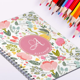 Pizzikigt modernt chic blommigt rosa monogram namn anteckningsbok