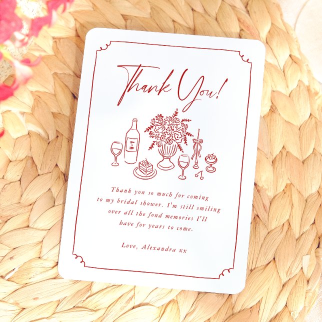 Pizzor och vin med fantasifulla handritade illustr tack kort (Card Front Mock-up)