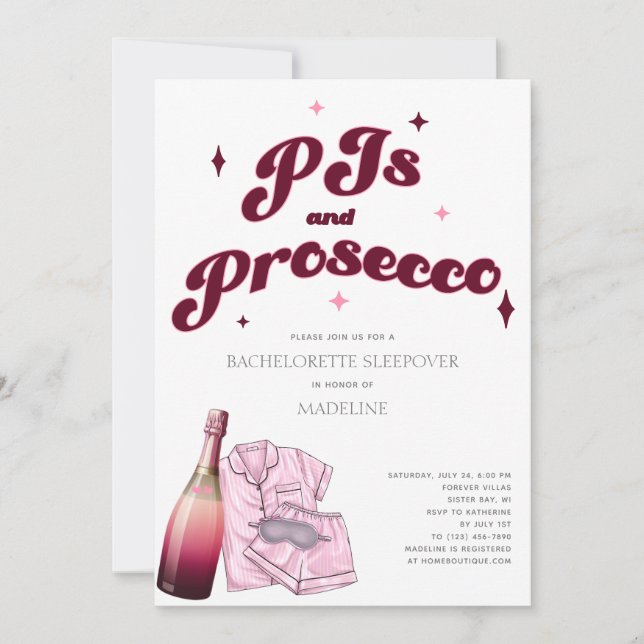 PJ och Prosecco Pajamas Bachelorette Party Inbjudningar (Framsida)