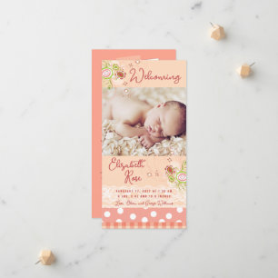 Pjåkig Rosa Blommig Blomning Baby Flicka Foto Föde Meddelande