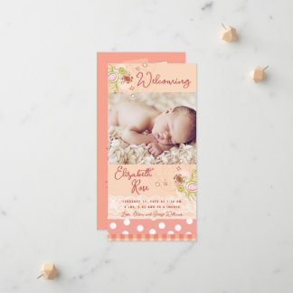 Pjåkig Rosa Blommig Blomning Baby Flicka Foto Föde Meddelande