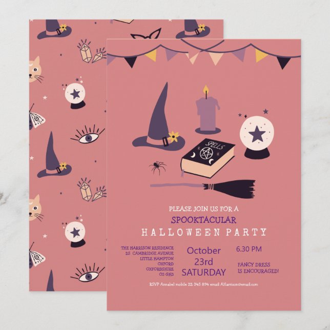 Pjåkig rosa häxtema inbjudningar (Fram/baksida)