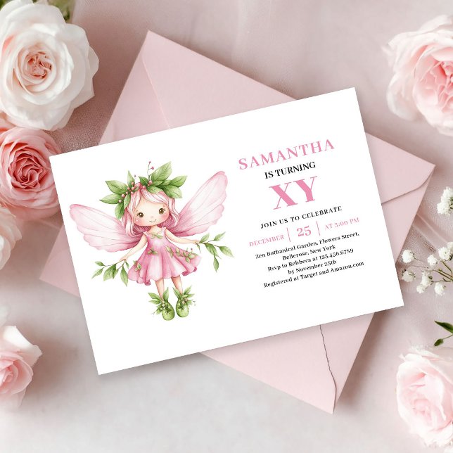 Pjåkig Rosa Sagoflicka 1-års Födelsedag Blommig Inbjudningar (Whimsical Pink Fairy Girl 1st Birthday Floral invitation)