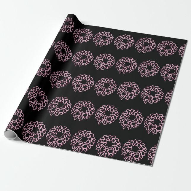 Pjåkig svart och rosa julkransmönster presentpapper (Utrullad)