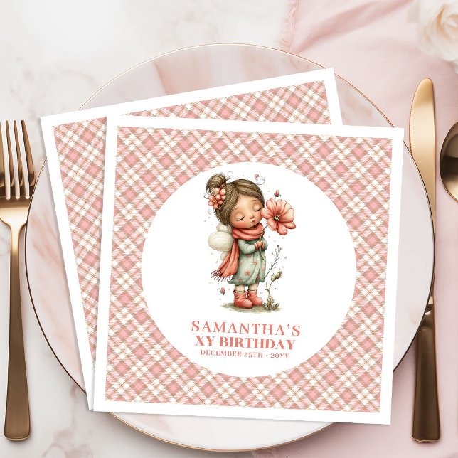 Pjåkiga Rosa Sagoblommor 1-års Födelsedagsfest Pappersservett (Whimsical Pink Fairy Flowers 1st Birthday Party Napkins)