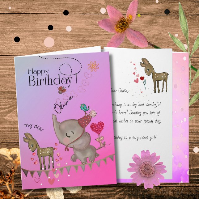 Pjäsig rosa elefant & hjort flicka födelsedagskort helgkort (Whimsical Pink Elephant & Deer Girl Birthday Card)