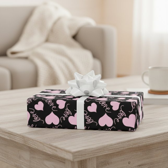 Pjäska rosa hjärtan Doodles kärlek manus Presentpapper (Whimsical Pink Heart Doodles Love Script Wrapping Paper)