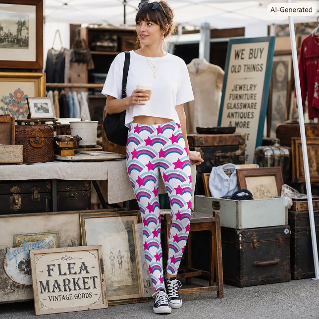 Pjäskt Rosa Stjärnfall Regnbåge Leggings (A pair of leggings with a pink star and rainbow pattern.)