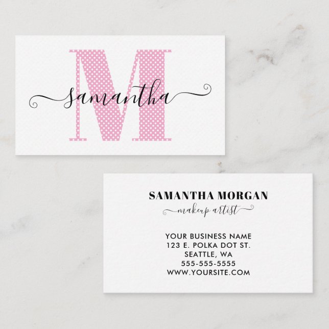 Pjätt Kvinnlig Ljusrosa och Vit Prickig Monogram Visitkort (Fram/baksida)