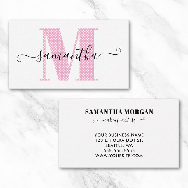 Pjätt Kvinnlig Ljusrosa och Vit Prickig Monogram Visitkort (Girly Light Pink and White Polka Dot Monogram Business Card)