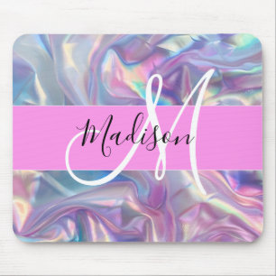 Pjättett Rosa Holografisk Iridescent Monogram Namn Musmatta
