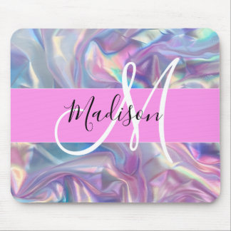 Pjättett Rosa Holografisk Iridescent Monogram Namn Musmatta