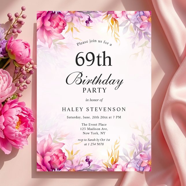 Pjattig Blommig Pastell Akvarell Chic 69-årsdag Inbjudningar (Skapare uppladdad)