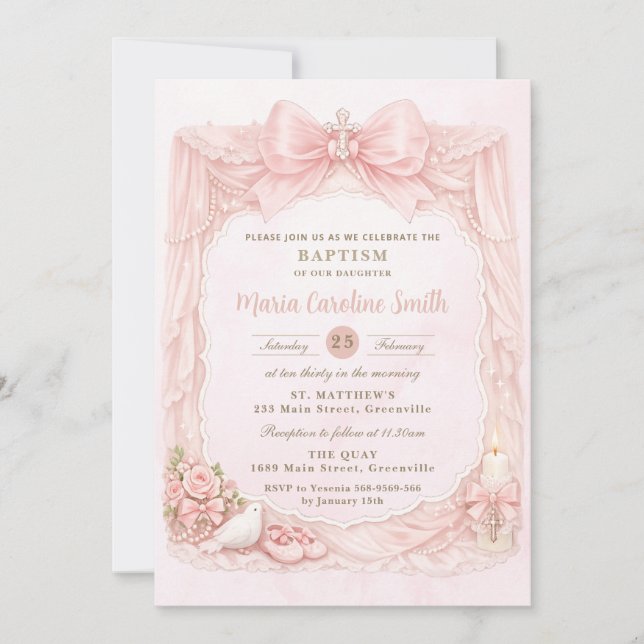 Pjättig Coquette Rosa Rosett Duva Flickas Dop  Inbjudningar (Framsida)