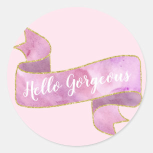 Pjattig fin rosa Hello Gorgeous guld band Runt Klistermärke