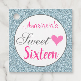 Pjättig & Glam Rosa Ljusblå Glitter Sweet Sixteen Gåvor Etiketter